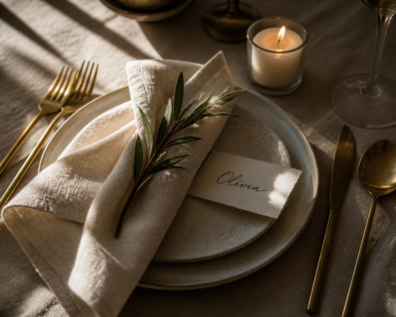 Layered place setting with linen napkin, brass flatware and a place card